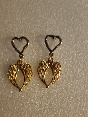 Hand Crafted Gold Heart & Wing Dangle Earrings